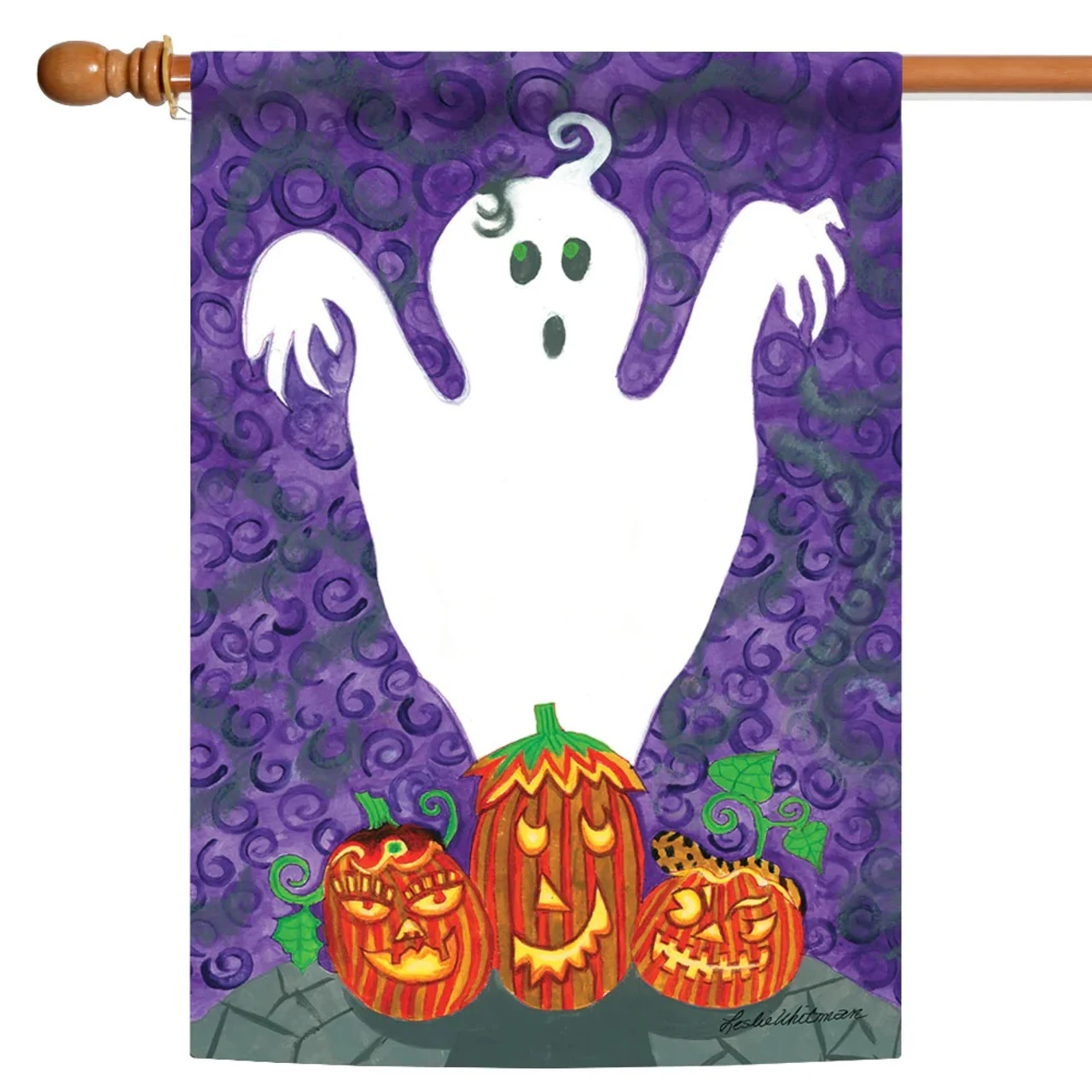 Ghost And Jack-O-Lanterns Halloween Outdoor House Flag 40" X 28" 1 Ghost And Jack-O-Lanterns Halloween Outdoor House Flag 40" X 28"