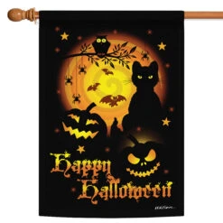 "Happy Halloween" Spooky Cat And Jack-O-Lantern Outdoor House Flag 40" X 28"