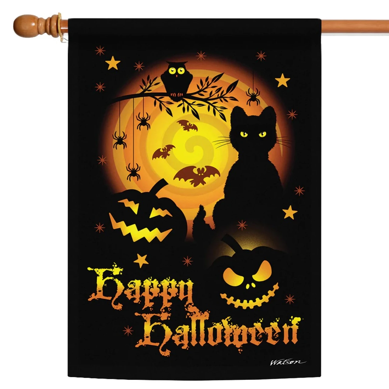 "Happy Halloween" Spooky Cat And Jack-O-Lantern Outdoor House Flag 40" X 28" 1 "Happy Halloween" Spooky Cat And Jack-O-Lantern Outdoor House Flag 40" X 28"