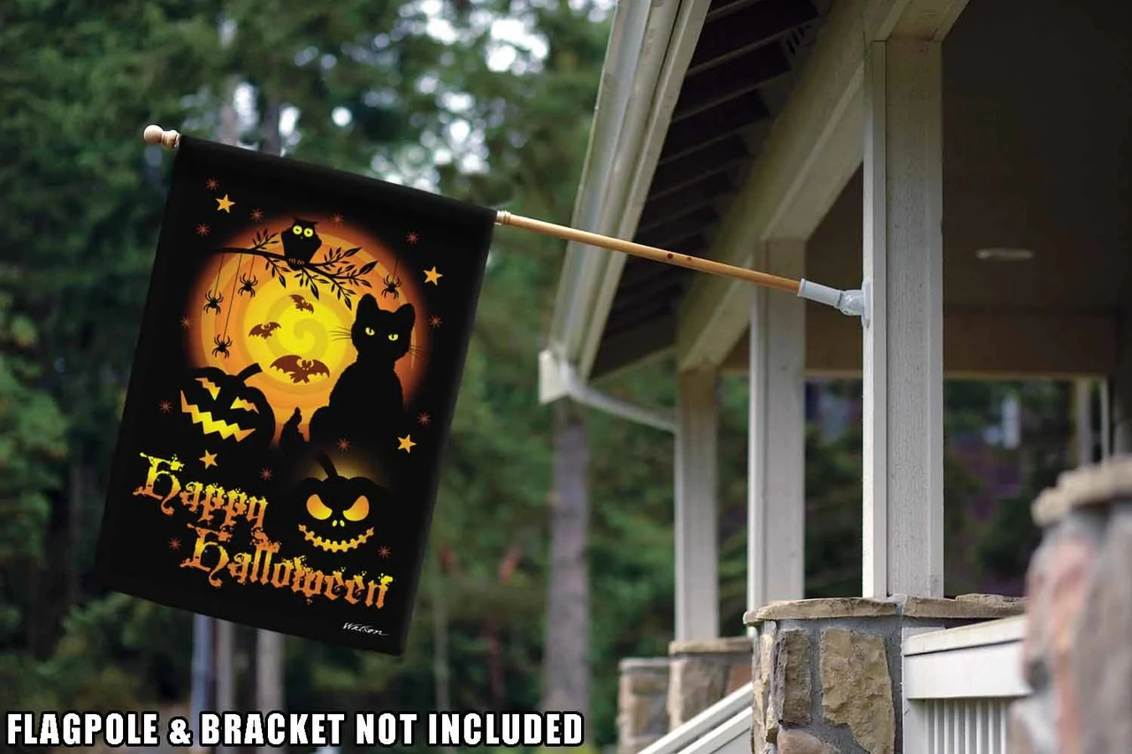 "Happy Halloween" Spooky Cat And Jack-O-Lantern Outdoor House Flag 40" X 28" 2 "Happy Halloween" Spooky Cat And Jack-O-Lantern Outdoor House Flag 40" X 28" - Image 2