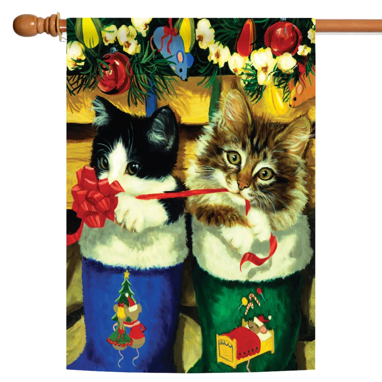 Christmas Kittens Gift Ribbon Outdoor House Flag 40" X 28" 1 Christmas Kittens Gift Ribbon Outdoor House Flag 40" X 28"