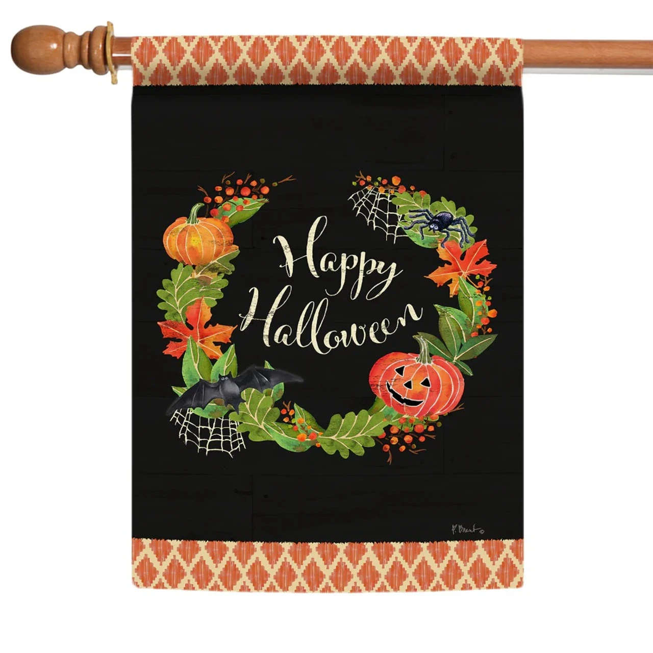 "Happy Halloween" Wreath Outdoor House Flag 40" X 28" 1 "Happy Halloween" Wreath Outdoor House Flag 40" X 28"