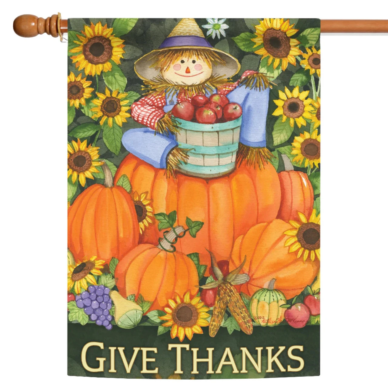 Scarecrow And Pumpkins "Give Thanks" Outdoor House Flag 40" X 28" 1 Scarecrow And Pumpkins "Give Thanks" Outdoor House Flag 40" X 28"