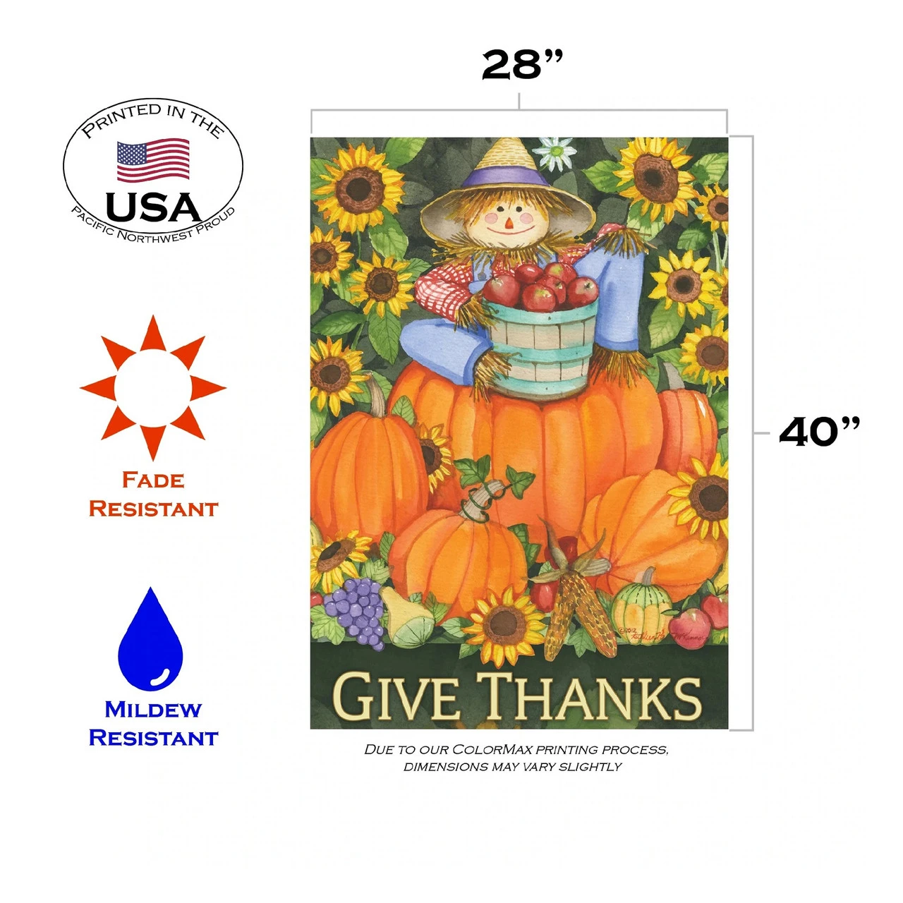 Scarecrow And Pumpkins "Give Thanks" Outdoor House Flag 40" X 28" 3 Scarecrow And Pumpkins "Give Thanks" Outdoor House Flag 40" X 28" - Image 3