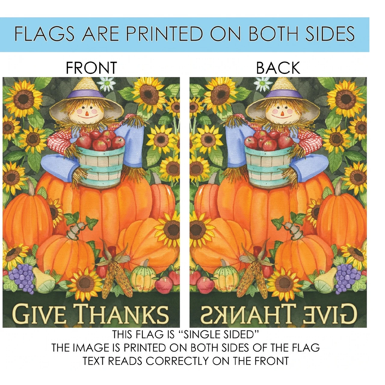 Scarecrow And Pumpkins "Give Thanks" Outdoor House Flag 40" X 28" 4 Scarecrow And Pumpkins "Give Thanks" Outdoor House Flag 40" X 28" - Image 4