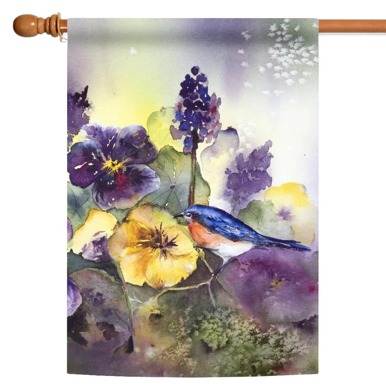 Bluebird Pansies Outdoor House Flag 40" X 28" 1 Bluebird Pansies Outdoor House Flag 40" X 28"