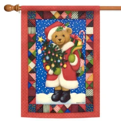 Christmas Santa Bear Red And Green Rectangular House Flag 28" X 40"
