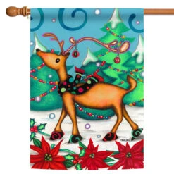 Christmas Festive Reindeer Brown And Green Rectangular House Flag 28" X 40"