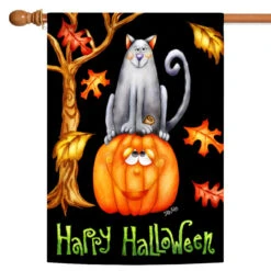 Smiling Pumpkin "Happy Halloween" Outdoor House Flag 40" X 28"