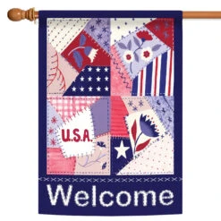 Patriotic "Welcome" Quilted Patches Outdoor House Flag 40" X 28"