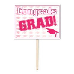 Pack Of 6 Pink And White Plastic Congrats Grad Yard Sign Decorations 15"