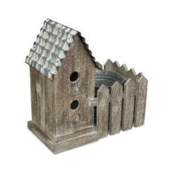 12.5" Brown And Gray 2 Story Bird House With Galvanized Pot In Yard