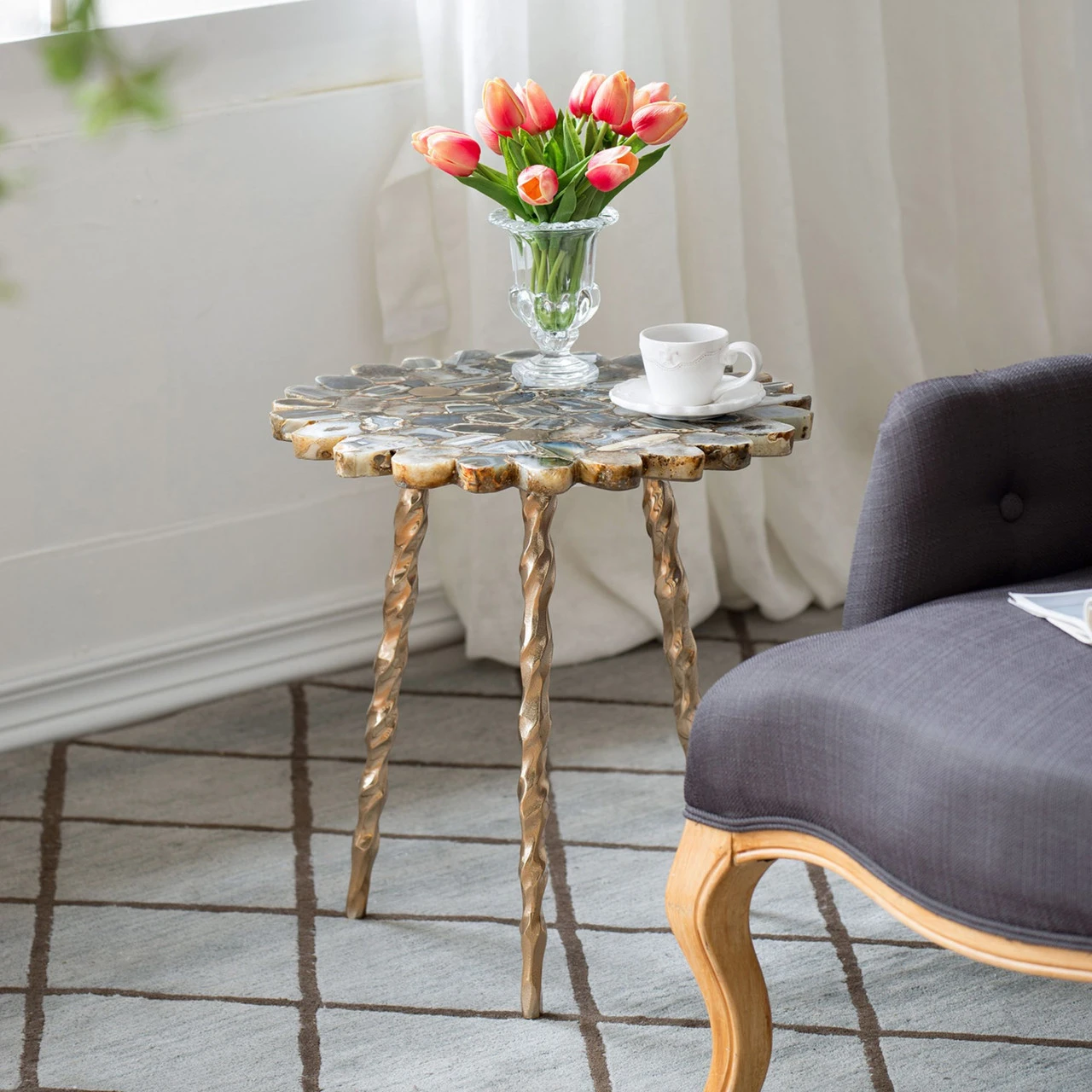 19" Black Agate Side Table With Brass Inlay And Tri Legs 2 19" Black Agate Side Table With Brass Inlay And Tri Legs - Image 2