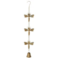 Set Of 4 Patina Gold Color Dragonfly With Bell Wind Chimes 25"