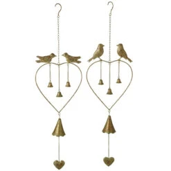 Pack Of 4 Gold Heart Wind Chime With Birds And Bells 39”