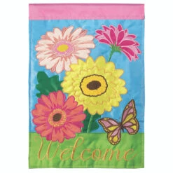 Yellow And Pink "Welcome" Gerber Daisy Outdoor House Flag 42" X 29"