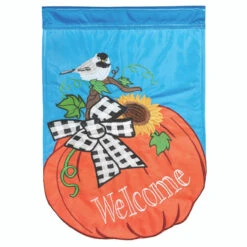 Pumpkin And Chickadee Fall Harvest Double Applique Large Flag 42" X 29"