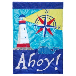 Blue And White Double Applique Lighthouse "Ahoy!" Outdoor House Flag 42" X 29"