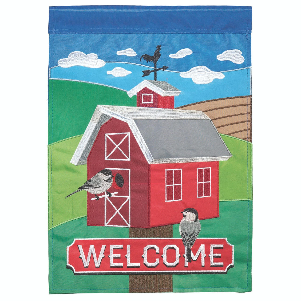 Green And Red Birdhouse "WELCOME" Applique Outdoor House Flag 42" X 29" 1 Green And Red Birdhouse "WELCOME" Applique Outdoor House Flag 42" X 29"