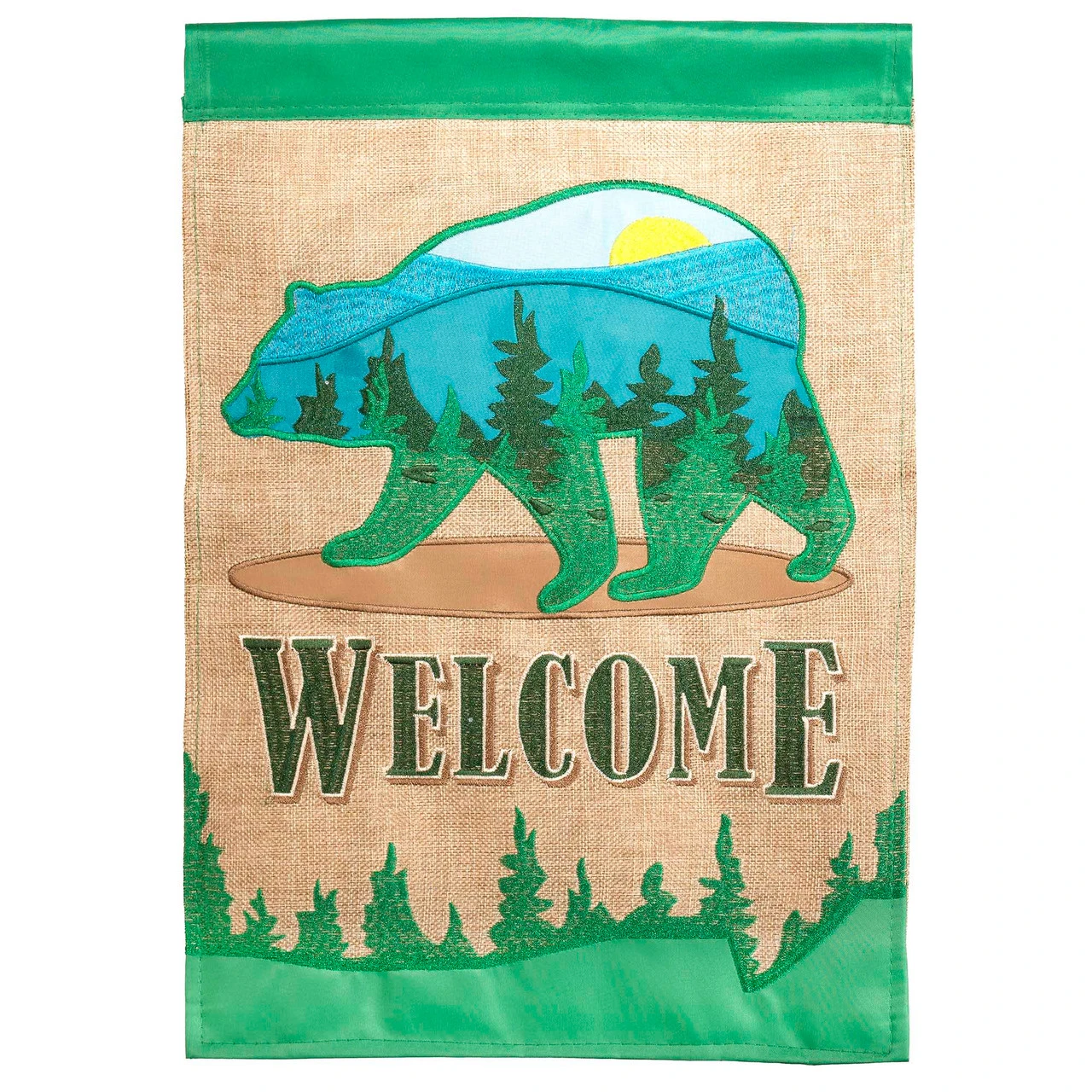 Beige And Green Double Applique Bear "WELCOME" Outdoor House Flag 42" X 29" 1 Beige And Green Double Applique Bear "WELCOME" Outdoor House Flag 42" X 29"