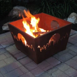 24" Brown Rustic Finish Forest And Moon Square Outdoor Fire Basket -PatioVibe Shop desda ff1003 3 71932.1671319026