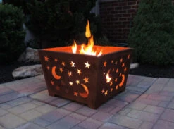 24" Brown Rustic Finish Star And Moon Square Outdoor Fire Basket -PatioVibe Shop desda ff1004 3 19750.1671319024