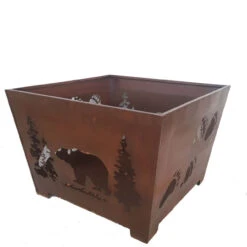 24" Brown Rustic Finish Bear Square Outdoor Fire Basket