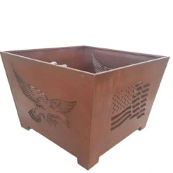 24" Brown Rustic Finish American Flag And Eagle Square Outdoor Fire Basket