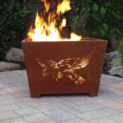 24" Brown Rustic Finish American Flag And Eagle Square Outdoor Fire Basket -PatioVibe Shop desda ff1009 3 71705.1667487400