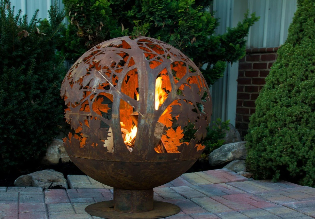 28" Brown Rustic Finish Large Leaf Outdoor Fire Sphere 2 28" Brown Rustic Finish Large Leaf Outdoor Fire Sphere - Image 2