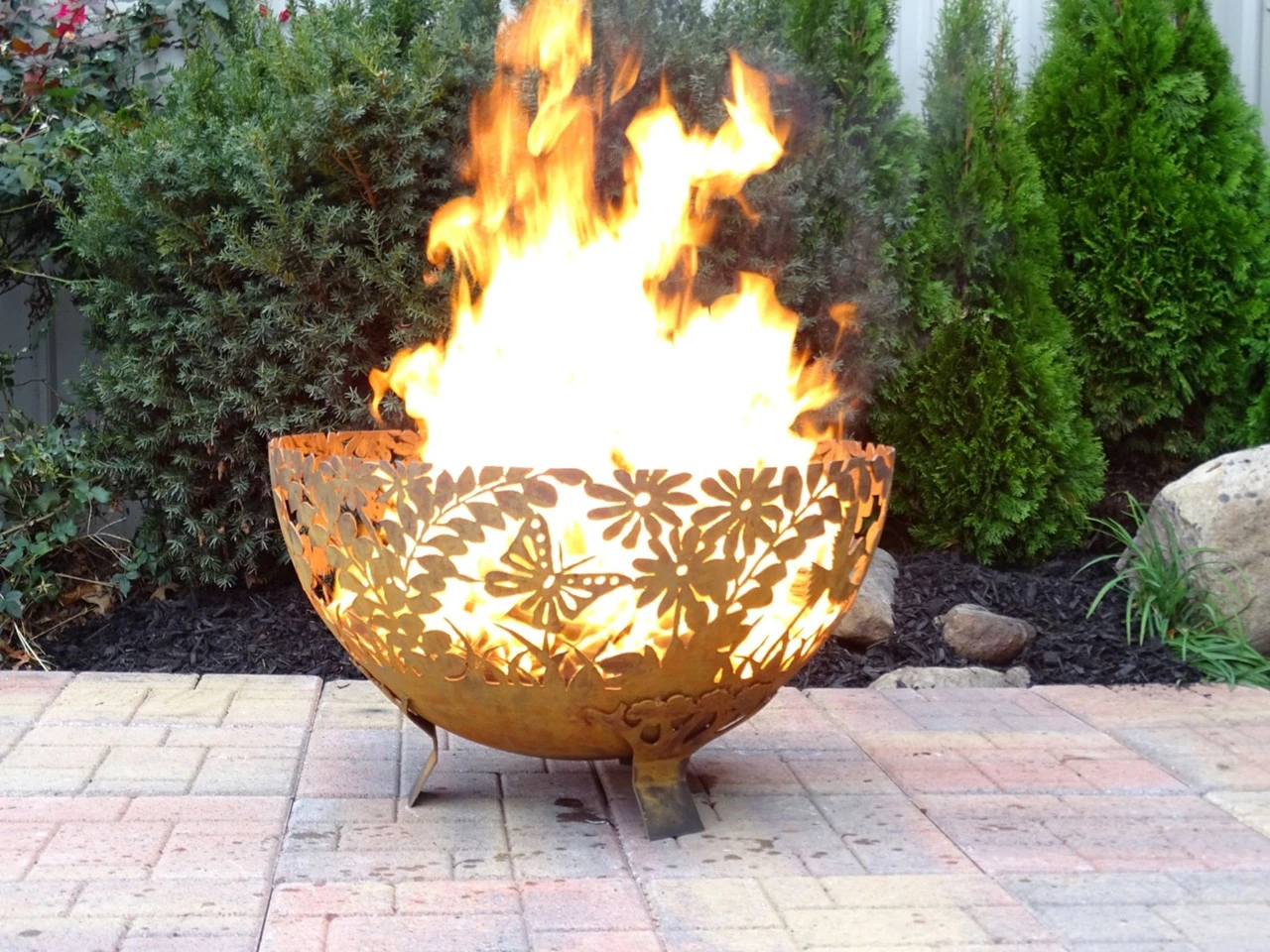 24" Bronze Floral And Leaves Rustic Finish Outdoor Fire Bowl - Large 2 24" Bronze Floral And Leaves Rustic Finish Outdoor Fire Bowl - Large - Image 2