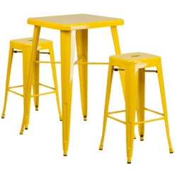Set Of 3 Yellow Metal Square Bar Stools And Bar Height Table, 40"