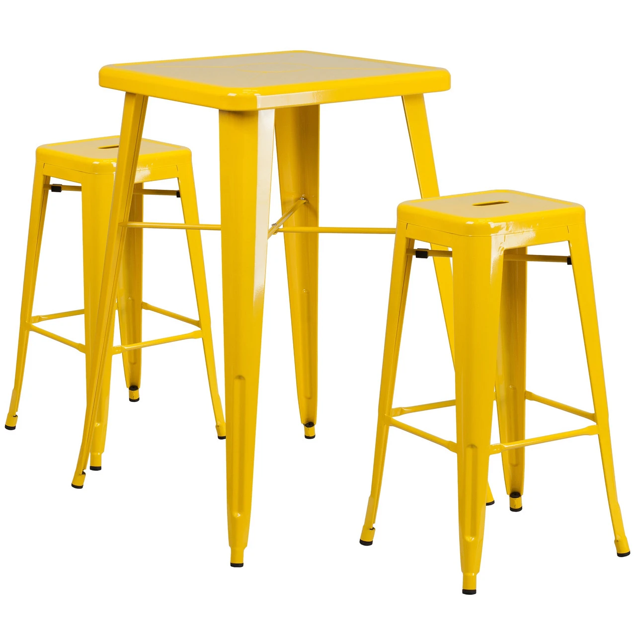 Set Of 3 Yellow Metal Square Bar Stools And Bar Height Table, 40" 1 Set Of 3 Yellow Metal Square Bar Stools And Bar Height Table, 40"