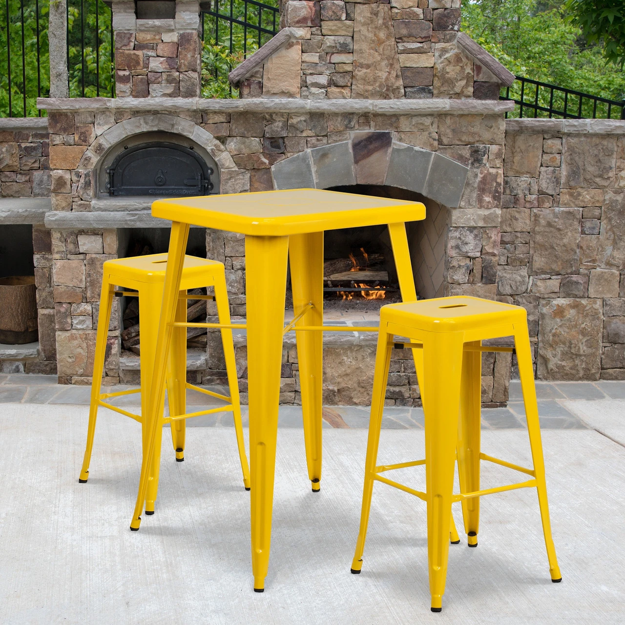 Set Of 3 Yellow Metal Square Bar Stools And Bar Height Table, 40" 4 Set Of 3 Yellow Metal Square Bar Stools And Bar Height Table, 40" - Image 4