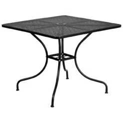 35.5" Black Contemporary Square Outdoor Patio Table With Umbrella Hole