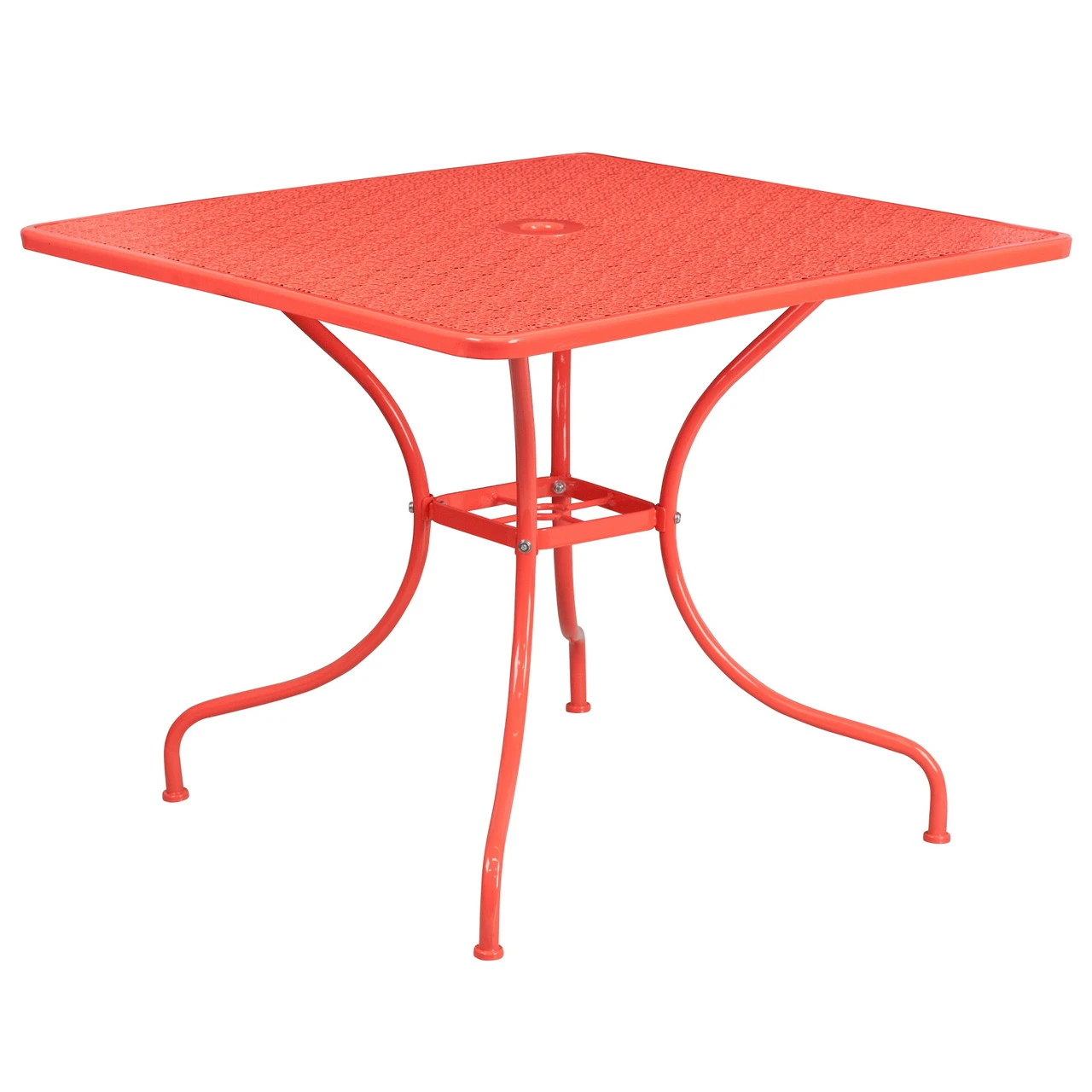 35.5" Coral Red Contemporary Square Outdoor Furniture Patio Table With Umbrella Hole 1 35.5" Coral Red Contemporary Square Outdoor Furniture Patio Table With Umbrella Hole