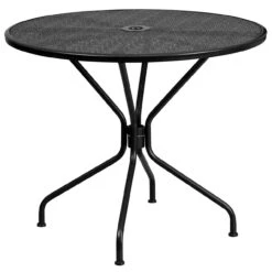 35.25" Black Contemporary Round Outdoor Patio Table With Umbrella Hole