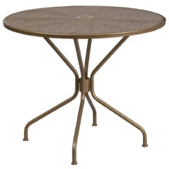 35.25" Gold Contemporary Round Outdoor Patio Table With Umbrella Hole