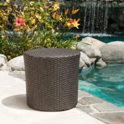 17.5" Dark Gray Contemporary Wicker Outdoor Patio Barrel Side Accent Table -PatioVibe Shop dnhhf 295061 3 22126.1667678377