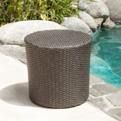 17.5" Dark Gray Contemporary Wicker Outdoor Patio Barrel Side Accent Table -PatioVibe Shop dnhhf 295061 4 37982.1667678377