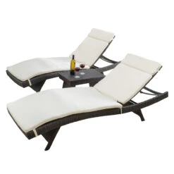 Set Of 3 Beige And Brown Wicker Chaise Lounges With Coffee Table 80"