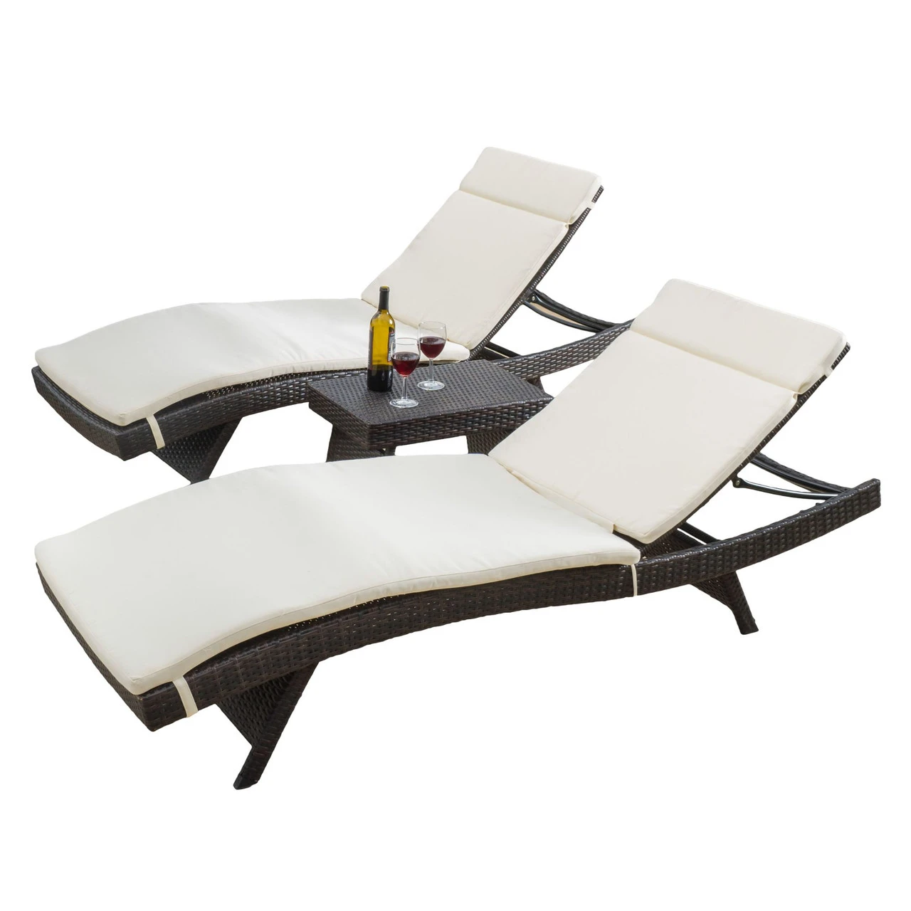 Set Of 3 Beige And Brown Wicker Chaise Lounges With Coffee Table 80" 1 Set Of 3 Beige And Brown Wicker Chaise Lounges With Coffee Table 80"