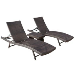 Set Of 3 Brown Wicker Outdoor Furniture Patio Chaise Lounges And Table Set