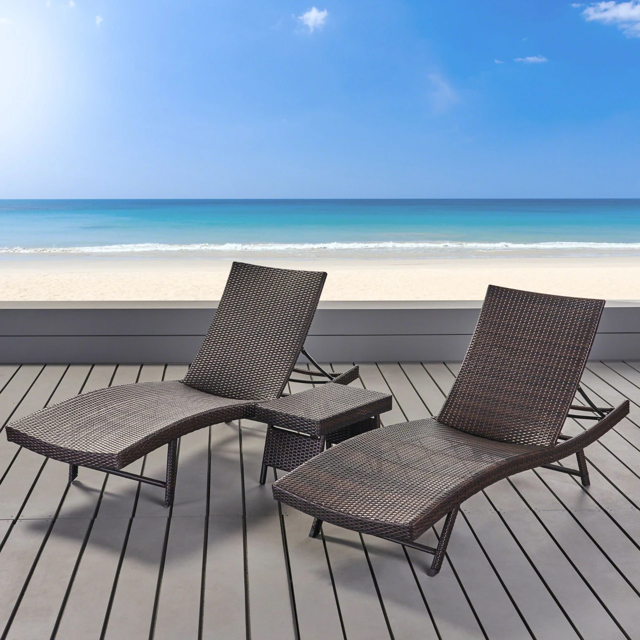 Set Of 3 Brown Wicker Outdoor Furniture Patio Chaise Lounges And Table Set 5 Set Of 3 Brown Wicker Outdoor Furniture Patio Chaise Lounges And Table Set - Image 5