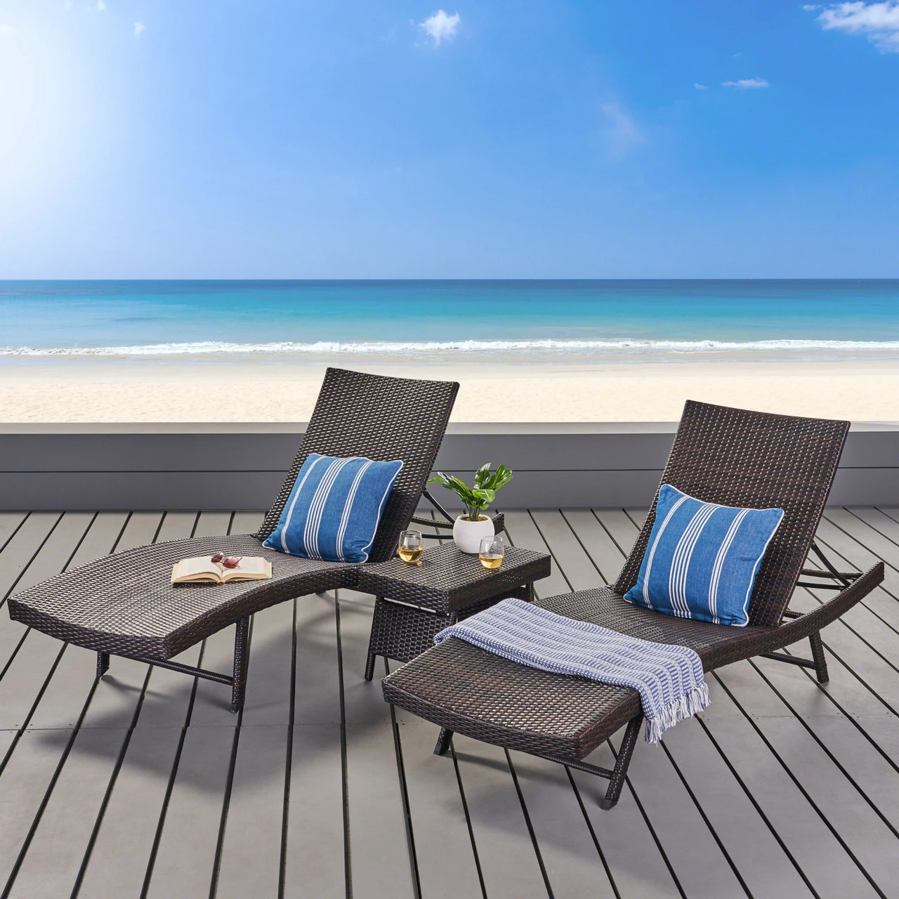 Set Of 3 Brown Wicker Outdoor Furniture Patio Chaise Lounges And Table Set 6 Set Of 3 Brown Wicker Outdoor Furniture Patio Chaise Lounges And Table Set - Image 6