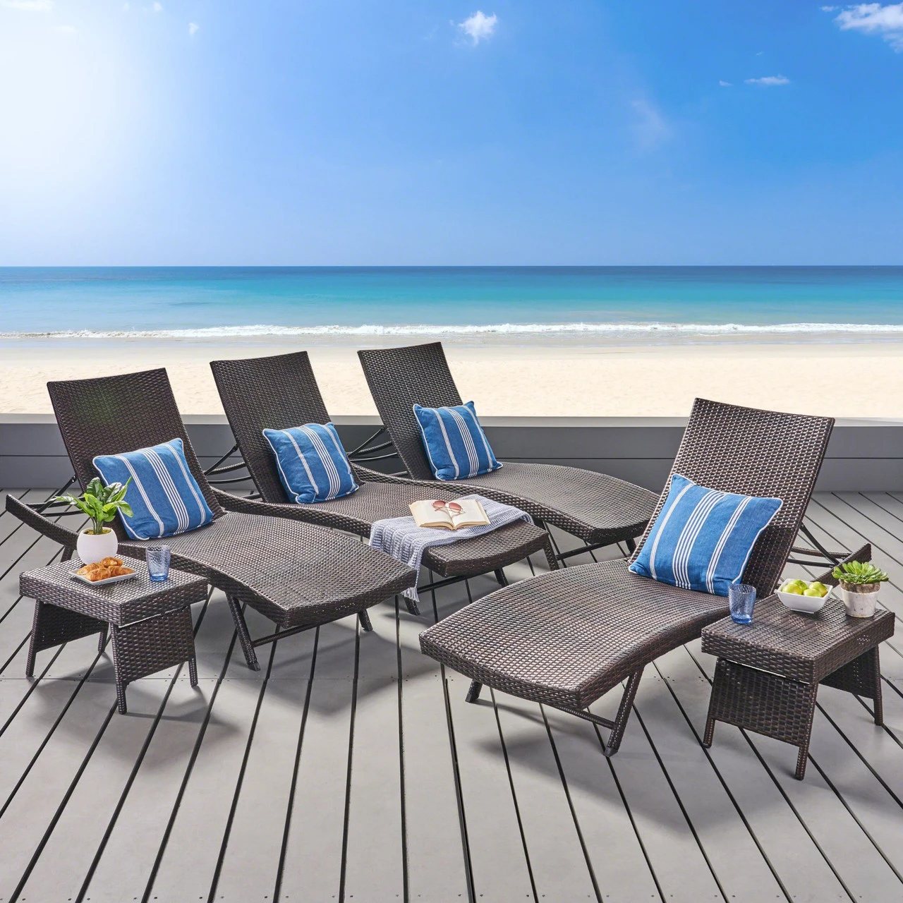 6-Piece Brown Wicker Outdoor Furniture Patio Chaise Lounges And Folding Tables Set 5 6-Piece Brown Wicker Outdoor Furniture Patio Chaise Lounges And Folding Tables Set - Image 5