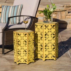 Set Of 2 Yellow And Brown Antique Outdoor Patio Accent Tables 13 Set Of 2 Yellow And Brown Antique Outdoor Patio Accent Tables -PatioVibe Shop dnhhf 296676 7 99474.1667475211