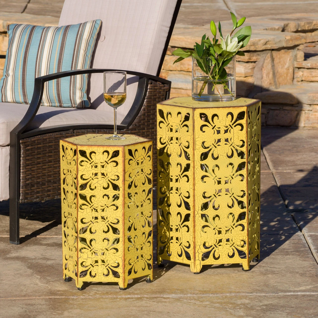 Set Of 2 Yellow And Brown Antique Outdoor Patio Accent Tables 7 Set Of 2 Yellow And Brown Antique Outdoor Patio Accent Tables - Image 7