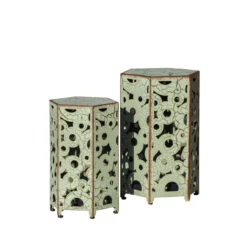 Set Of 2 Green And Brown Antique Outdoor Patio Accent Tables