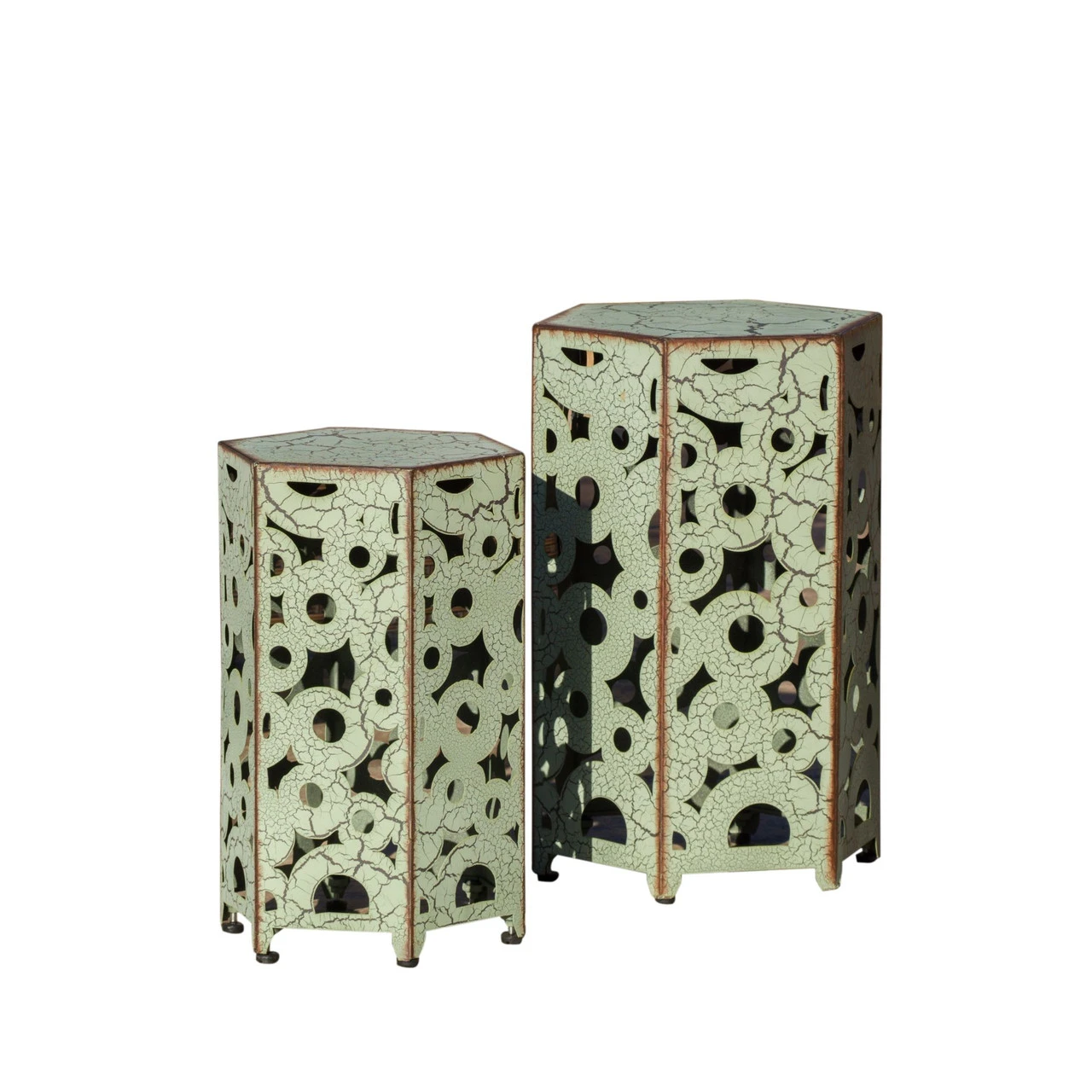 Set Of 2 Green And Brown Antique Outdoor Patio Accent Tables